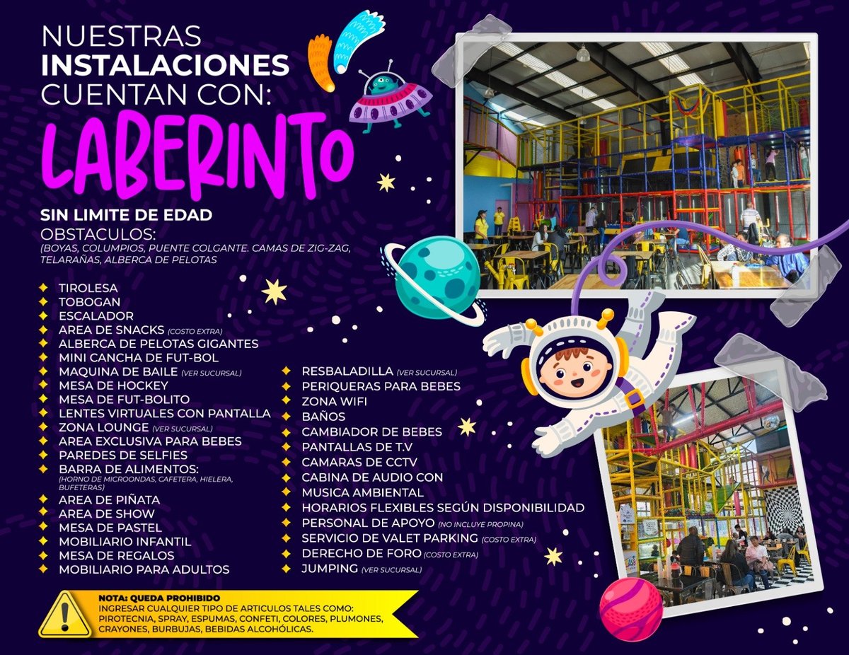 Spanish poster advertising Laberinto childrens playground facilities with space-themed design and photos of play areas