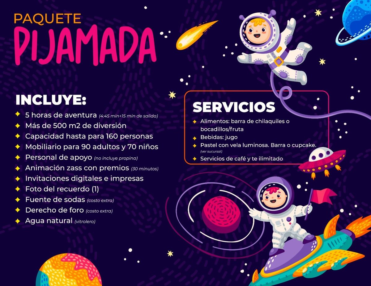Spanish space-themed party package advertisement with colorful planets, astronauts, and rocket graphics on a purple background