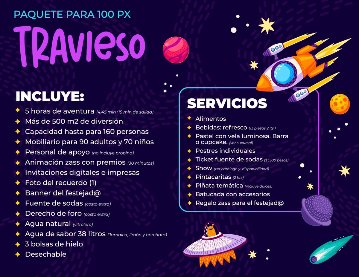 Travieso party package poster with space theme showing 100 person capacity, services, and amenities including food, entertainment, and decorations