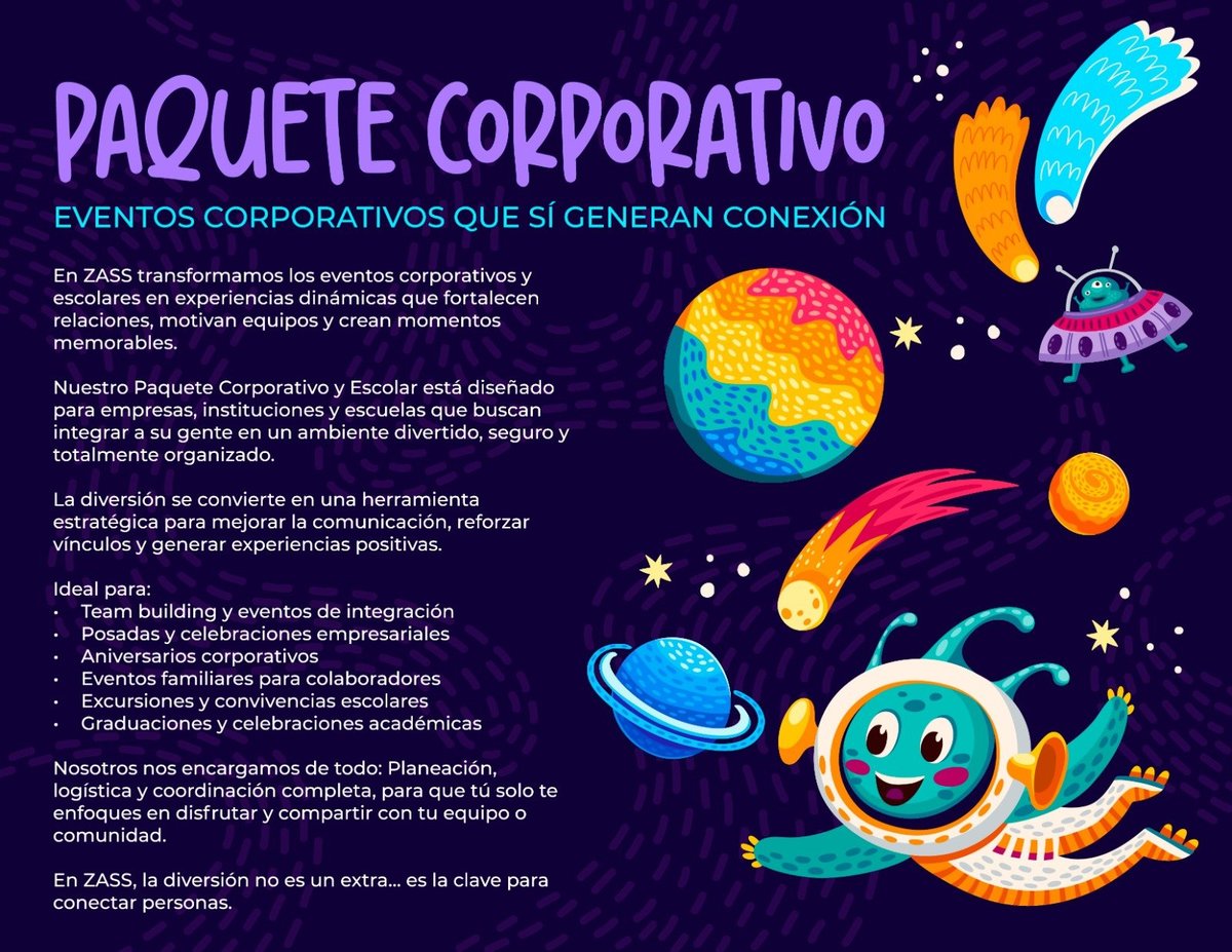 Colorful promotional flyer for corporate team building events featuring vibrant space-themed illustrations and purple text on dark background