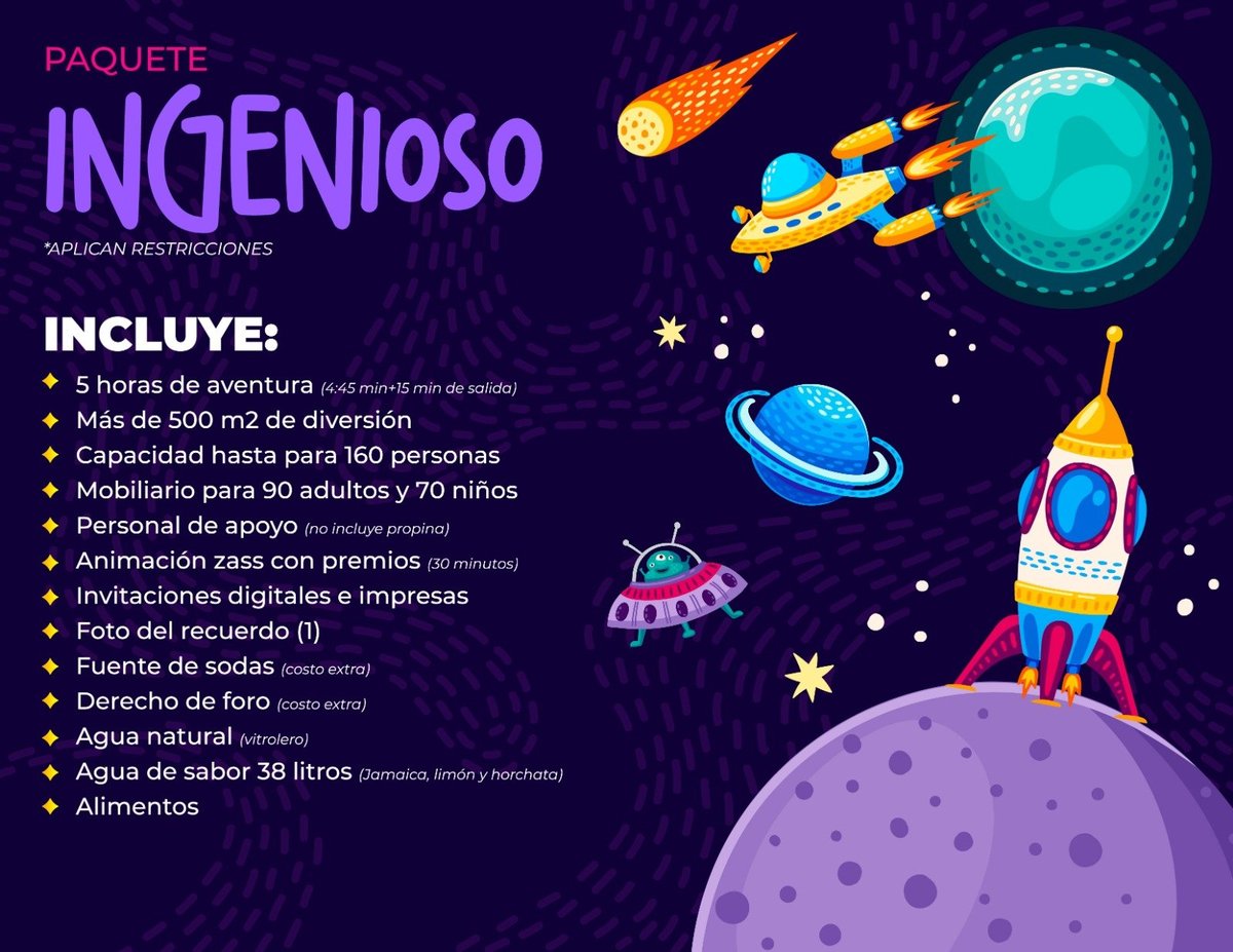 Promotional poster for Ingenioso adventure package featuring space theme with rocket, planets, UFO and list of included activities and amenities