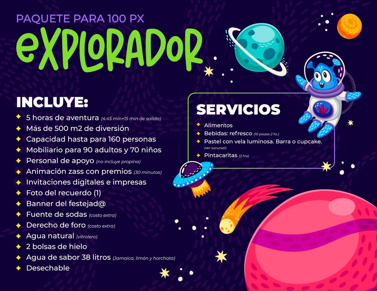 Spanish flyer for Explorador space-themed event package with 5 hours of adventure, services listed, and cosmic graphics including astronaut and planets